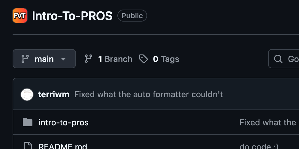 Screenshot of the GitHub repository created for the 'Intro to PROS' workshop.