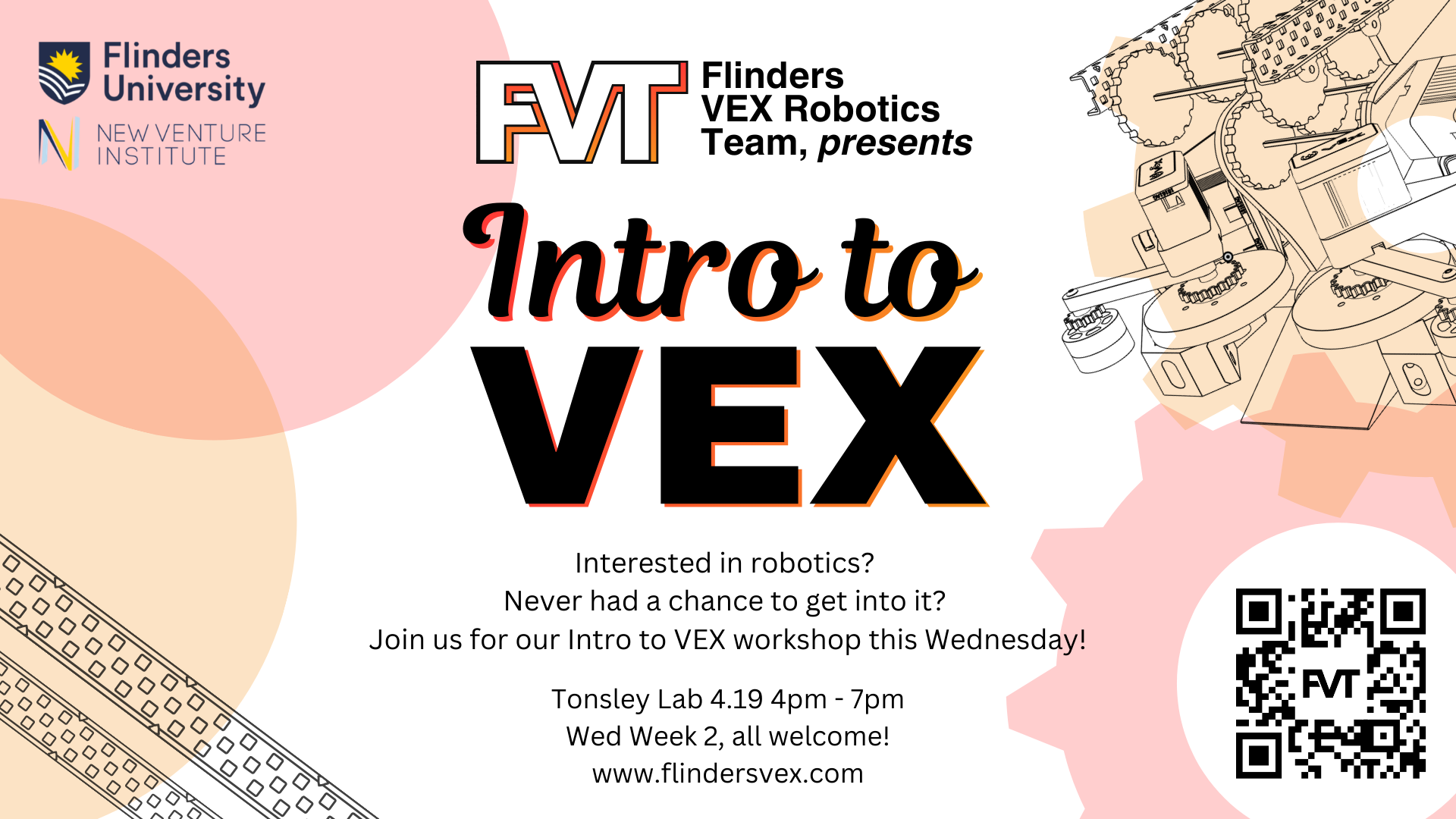 The poster for the 'Intro to VEX' workshop, featuring a picture of a VEX robot and event details.